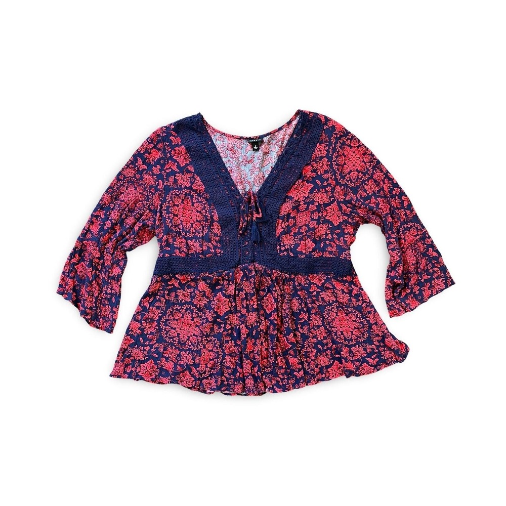Torrid Shirt Red Blue Floral Lace Up Babydoll Top Tunic Crochet Size 2XL XXL - Picture 2 of 7